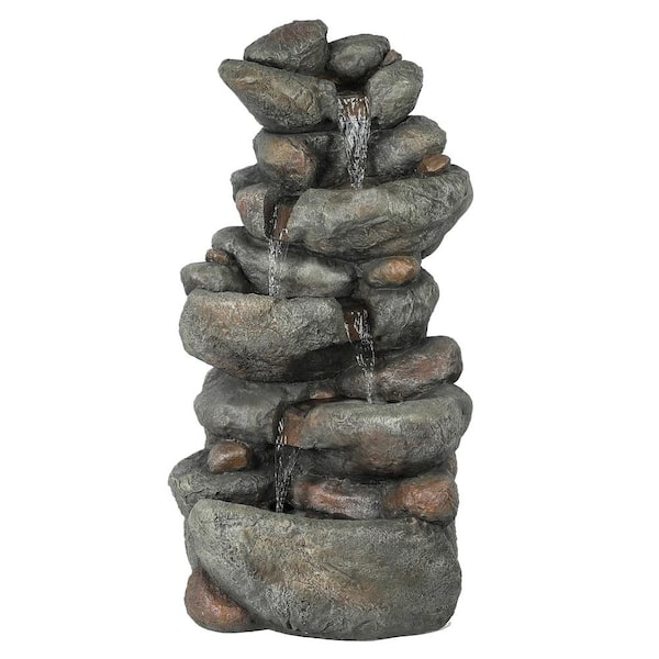 LuxenHome 33.5 in. H Resin Cascading Rock Outdoor Cascade Fountain
