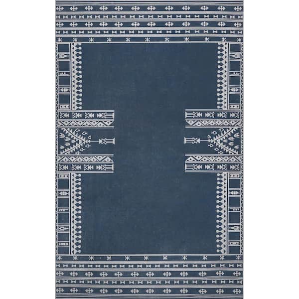 Joelle Machine Washable Tribal Geometirc Border Navy 5 ft. x 8 ft. Indoor Area Rug
