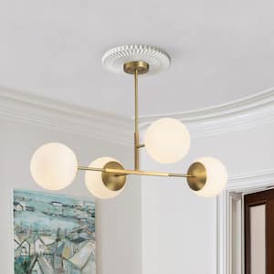 41.73 in. 4-Light Modern Brass Sputnik Kitchen Island Pendant Light with Opal Glass Shade