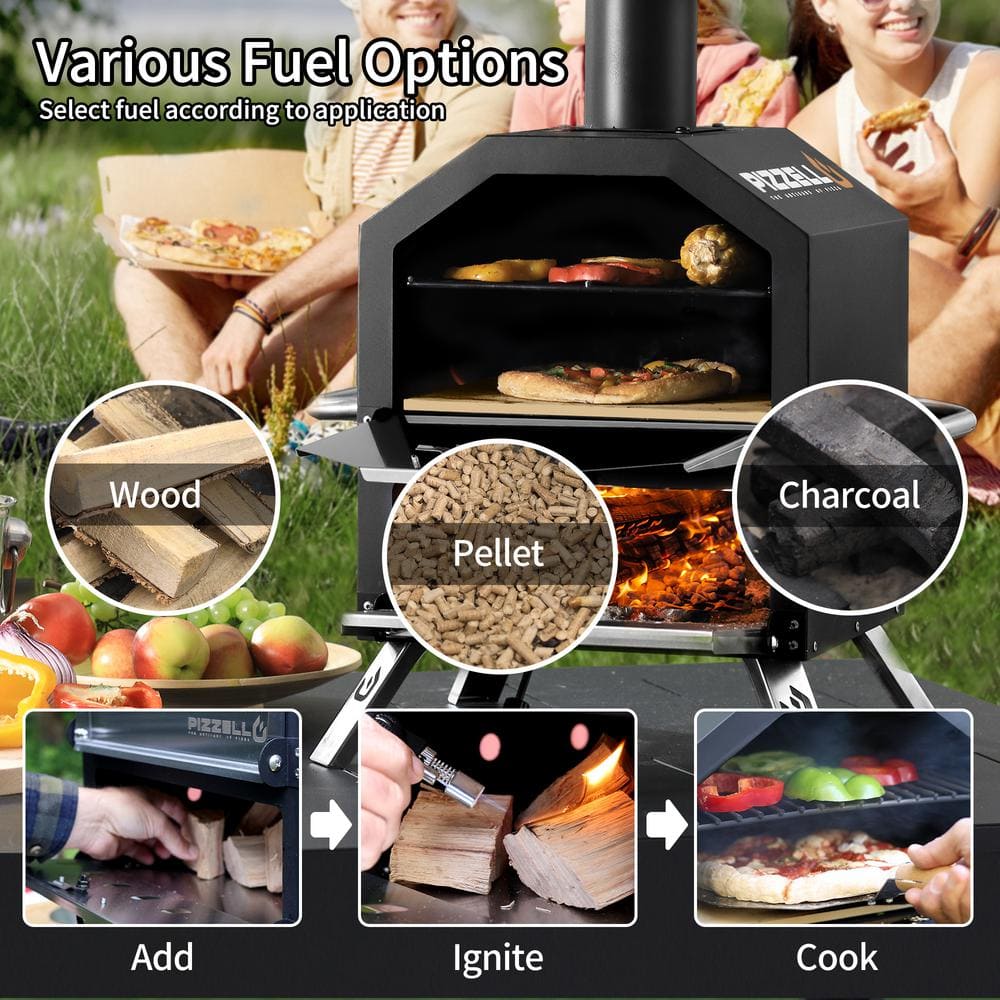 12 Inch Black Wood-Fired Outdoor Pizza Oven with Stone and Peel