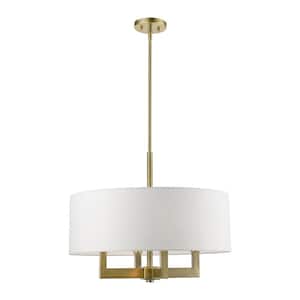 Cresthaven 4-Light Antique Brass Pendant Chandelier with Off-White Fabric Shade