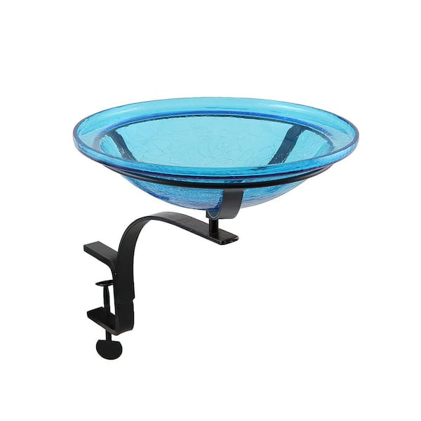 12.5 in. Dia Teal Blue Reflective Crackle Glass Birdbath Bowl with Rail Mount Bracket