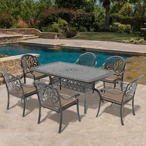 Elizabeth 7-Piece Cast Aluminum Outdoor Dining Set with 63.78 in. x 40.16 in. Rectangular Table and Random Color Cushion