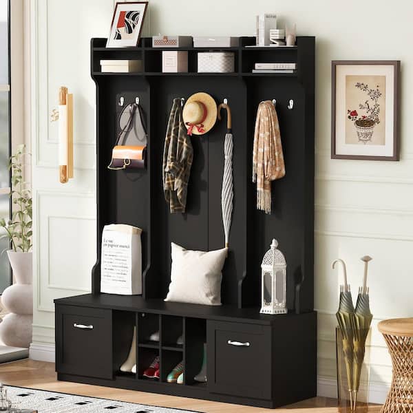 Black 58.8 in. Wide Entryway Bench with Coat Rack, 2 Drawers and Adjustable Shelves for Hallway Storage