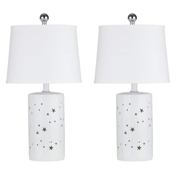 Cinkeda 20.5 in. White Ceramic Table Lamp Set with Night Light and Empire Lampshade (Set of 2)