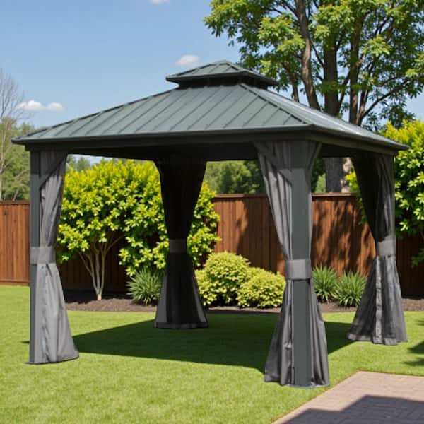 10 ft. x 10 ft. Gray Hardtop Gazebo, Aluminum Metal Gazebo with Galvanized Steel Double Roof Canopy, Curtain and Netting
