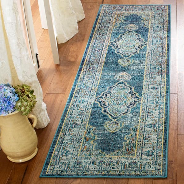 Crystal Blue/Yellow 2 ft. x 7 ft. Border Runner Rug