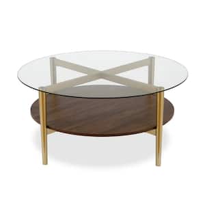 Otto 36 in. Gold/Walnut Round Glass Top Coffee Table