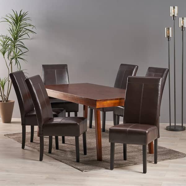 Noble House Pertica T Stitch Chocolate, Brown Leather Dining Room Chairs With Arms