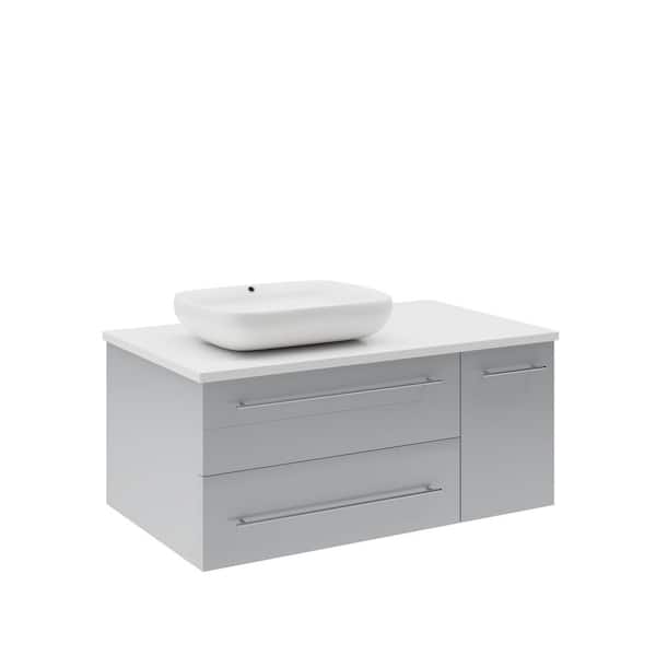 Fresca Lucera 36 in. Single Sink Wall Mount Gray Bath Vanity with White Quartz Top and Vessel Sink - Left Version
