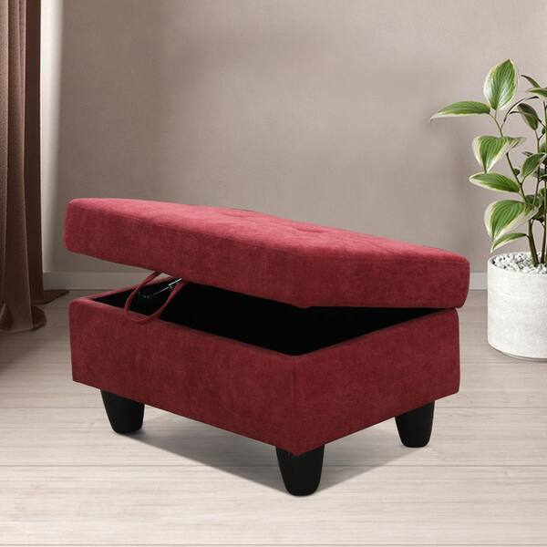 AndMakers 28.5 in. W Red Flannel Polyester Blend Rectangle Ottoman with Storage