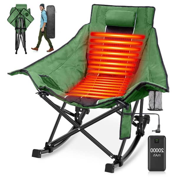 SEEUTEK Green Oversized Heated Rocking Camping Chair, Portable Folding Heated Chairs Outdoor Sports with Power Bank