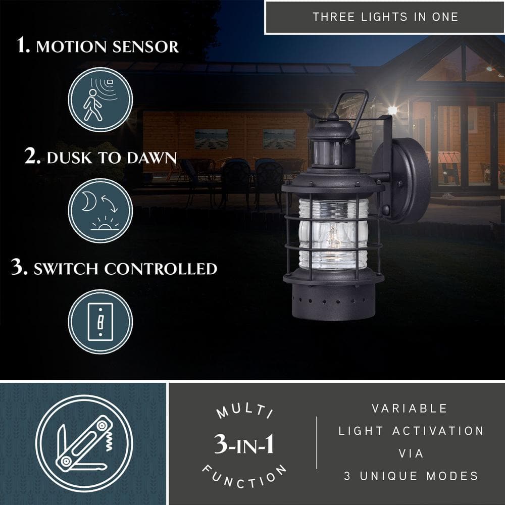 Hyannis Black Steel Nautical Outdoor Wall Light with Motion Sensor
