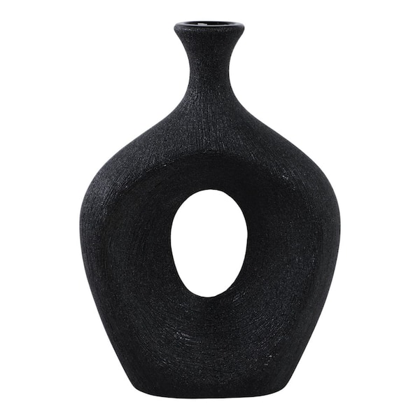 Liv & Skye 13 in. Black Ceramic Geometric Two-Tone Decorative Vase