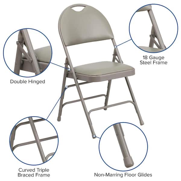 Hercules Series Extra Large Ultra-Premium Triple Braced Gray Vinyl Metal Folding Chair with Easy-Carry Handle