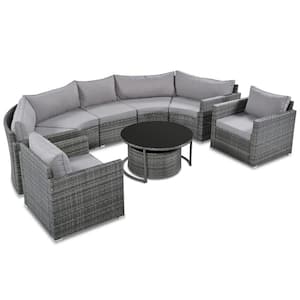 Gray 9-Pieces Wicker Modern Semicircle Patio Conversation Set with Gray Cushions