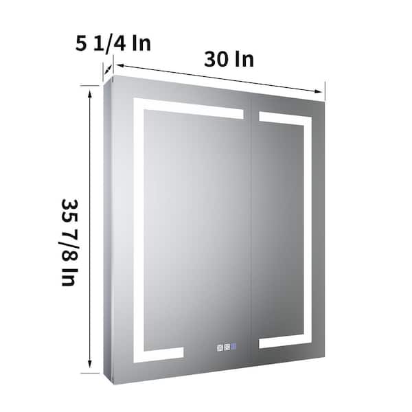 30 in. W x 36 in. H Rectangular Silver Aluminum Recessed/Surface Mount Medicine Cabinet with Mirror, LED and Clock