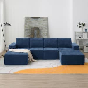 110 in. Modern U-Shaped Chenille Sectional Sofa in. Navy Blue