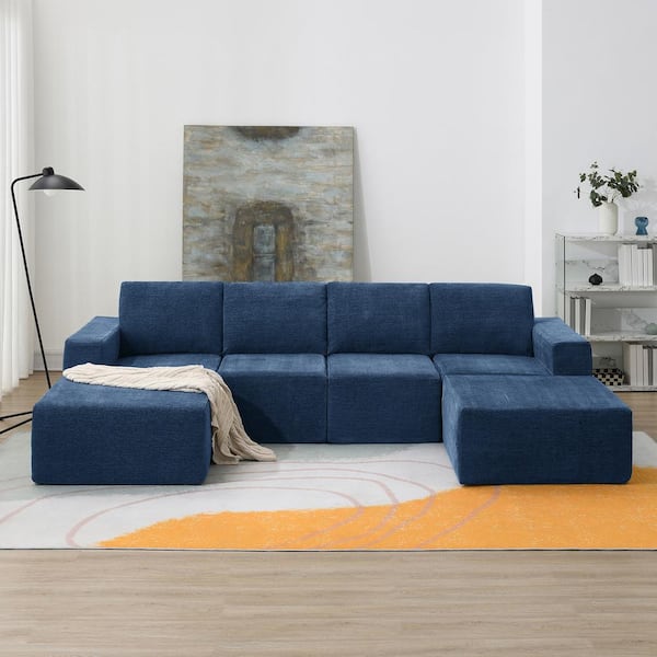 110 in. Modern U-Shaped Chenille Sectional Sofa in. Navy Blue