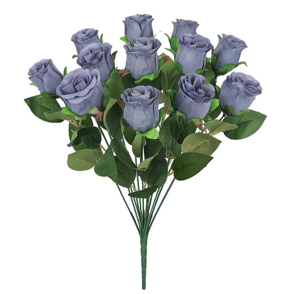 LIVING LUXURY 19.5 in. Blue Grey Artificial Rose Bud Flower Stem Bush Bouquet (Set of 2)