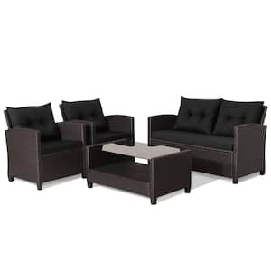 4-Pieces Outdoor Conversation Set Patio PE Rattan Set with Glass Table & Sofa Cushions Black