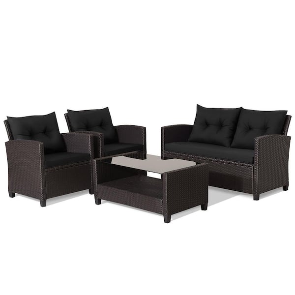 Gymax 4-Pieces Outdoor Conversation Set Patio PE Rattan Set with Glass Table & Sofa Cushions Black