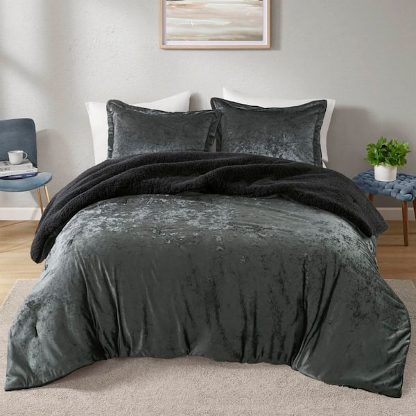 Gemma 3-Piece Charcoal Polyester King/Cal King Crushed Velvet Sherpa Reversible Comforter Set
