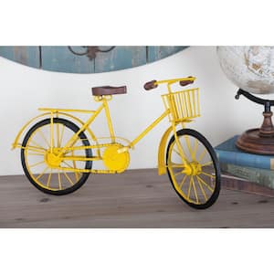 Yellow Metal Bike Sculpture with Wood Accents