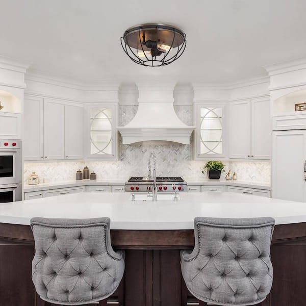 14.5 in. 2-Light Black Industrial Cage Flush Mount with Faux Wood Accents Rustic Ceiling Light for Kitchen Bedroom Entry