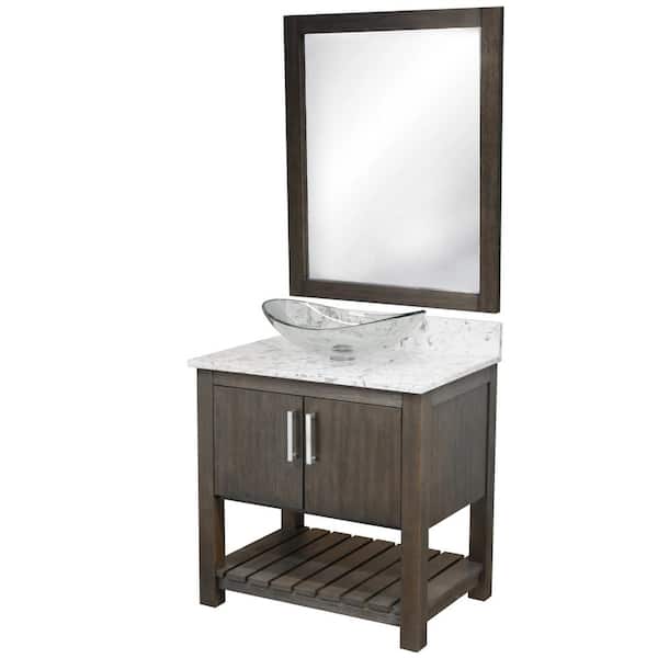 Novatto 31 in. W x 22 in. D x 31 in. H Single Sink Bath Vanity in Cafe with Cafe Mocha Quartz Top, Vessel and Mirror