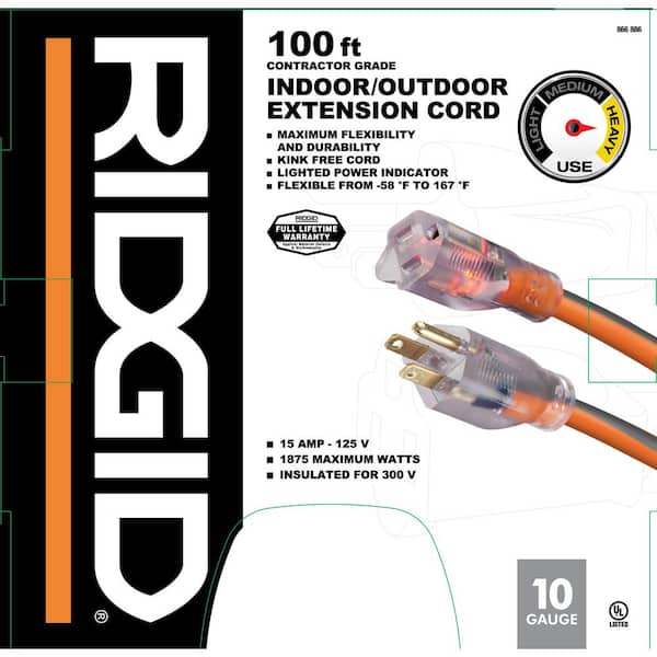 RIDGID 100 ft. 10/3 Heavy Duty Indoor/Outdoor SJTW Extension Cord with  Lighted End, Orange/Grey 68100RGD - The Home Depot