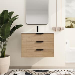 30 in. W x 18.3 in. D x 22.4 in. H Light Brown Wall-Mounted Bath Vanity with White Resin Vanity Top