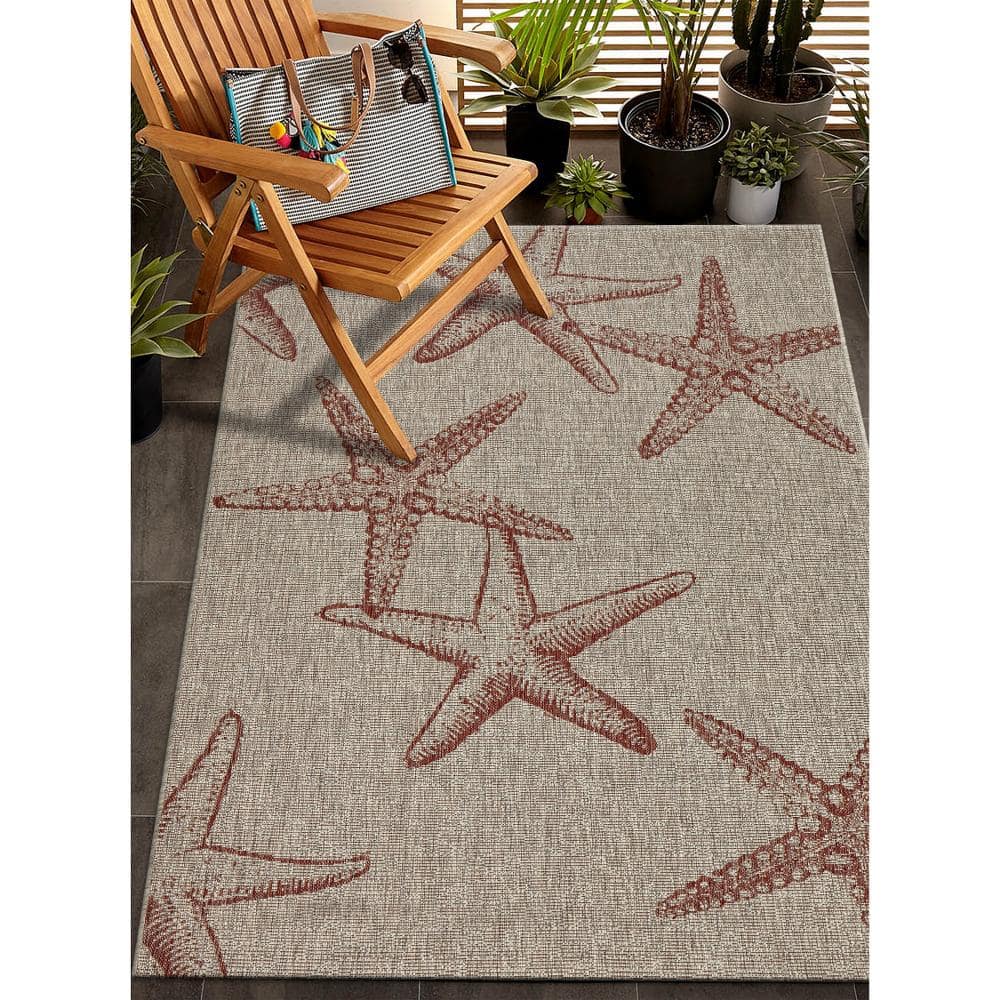 Coastal Charm Coral & Beige Synthetic Indoor/Outdoor Area Rug, 7'9" x 9'5"