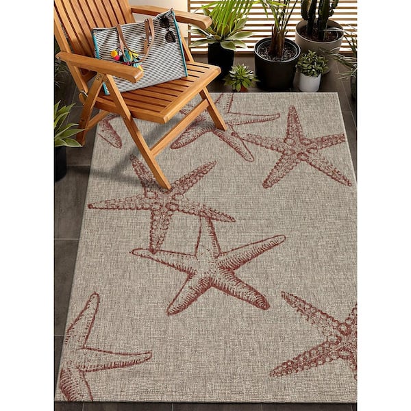 Camila Coastal Coral Red/Beige 7 ft. 9 in. x 9 ft. 5 in. Starfish Constellation Polypropylene Indoor/Outdoor Area Rug