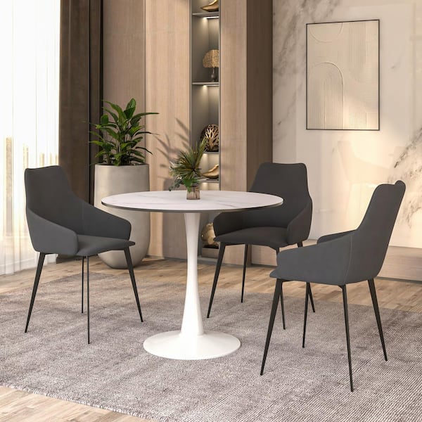 Leisuremod Bristol Dining Table 35 in. Round MDF Wood in Marbled White Tabletop in Stainless Steel Metal Pedestal Base Seats 4