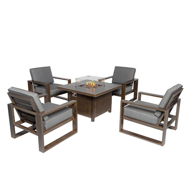 PATIOPTION 5-Pieces Aluminum Patio Conversation with Gray Cushions, 41.34 in. Fire Pit Table Set - 4-Armchair