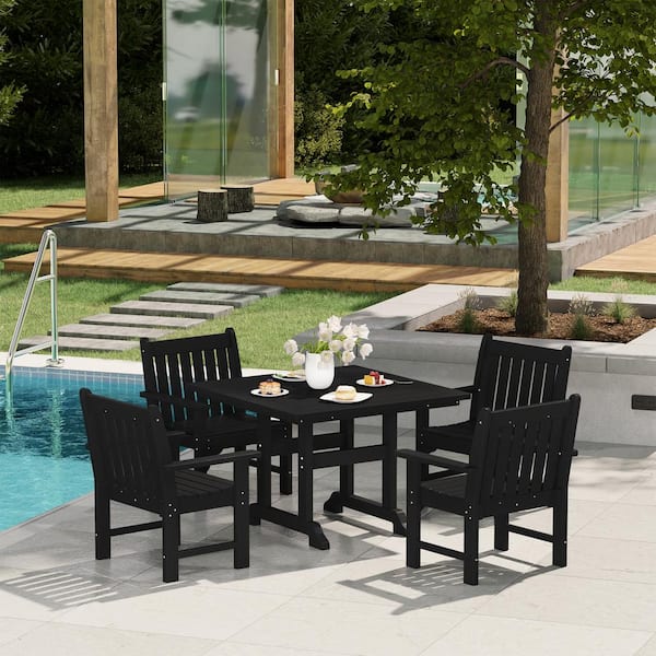 Laguna 5-Piece Outdoor Patio Poly Plastic Fade Resistant Garden Arm Chair and Square Trestle Table Dining Set in Black