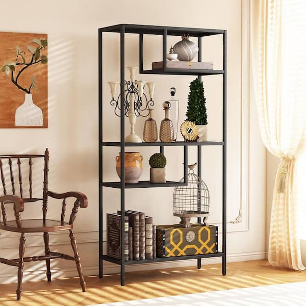 4-Shelf Modern Storage Shelf with 4-Compartments, Freestanding Pantry Organizer, Book Shelves Display Shelves, Black