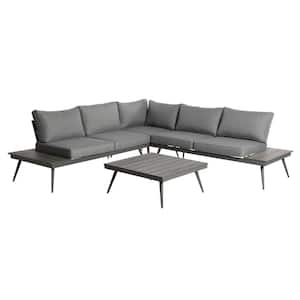 Norfolk Gray 4-Piece Wood and Aluminum Outdoor Patio Sectional Seating Set with Gray Cushions