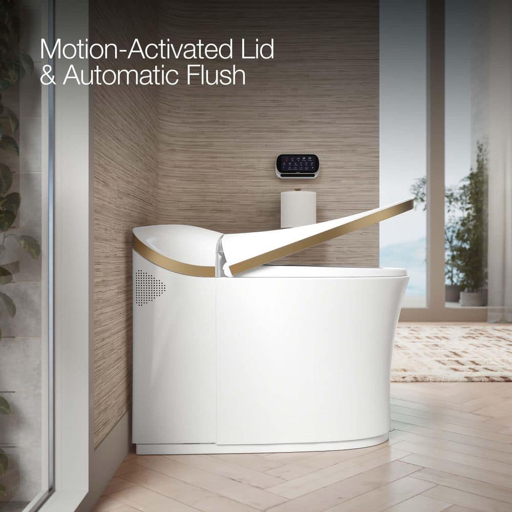 White and Moderne Brushed Brass High Efficiency Dual Flush Elongated Toilet