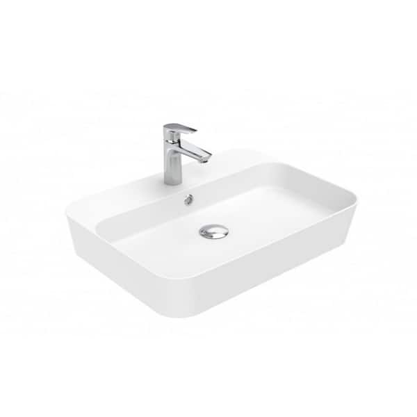 WS Bath Collections Lago 061 WG Glossy White Ceramic Rectangle Vessel Bathroom Sink with 1-Faucet Hole
