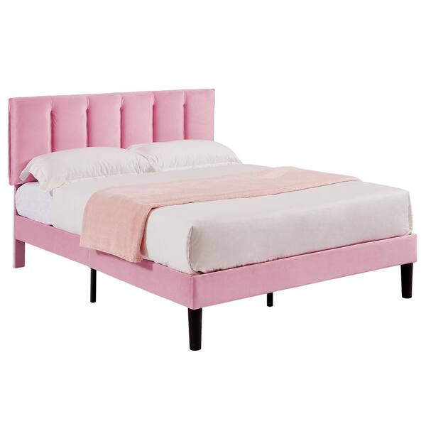 VECELO Upholstered Bedframe, Pink Metal Frame Queen Platform Bed with ...