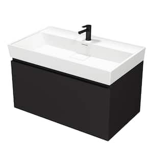 SHARP 31.5 in. W x 18.9 in. D x 22.9 in. H Wall Mounted Bath Vanity in Matte Black  with Vanity Top Basin in White