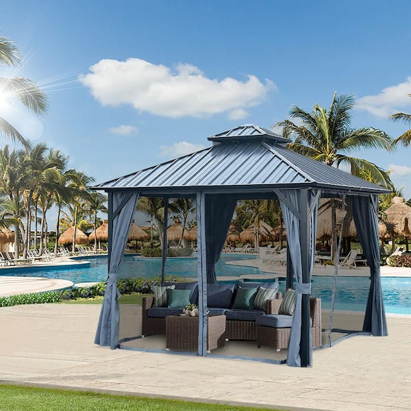 Daheat Agix 10 ft. x 10 ft. Grey Aluminum Patio Gazebo with Galvanized Steel Canopy, Privacy Curtain and Mosquito Net