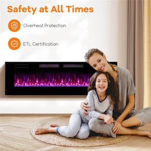 60 in. Wall-Mounted Ultra-Thin Electric Fireplace TV Stand and Recessed Fireplace Heater in Black