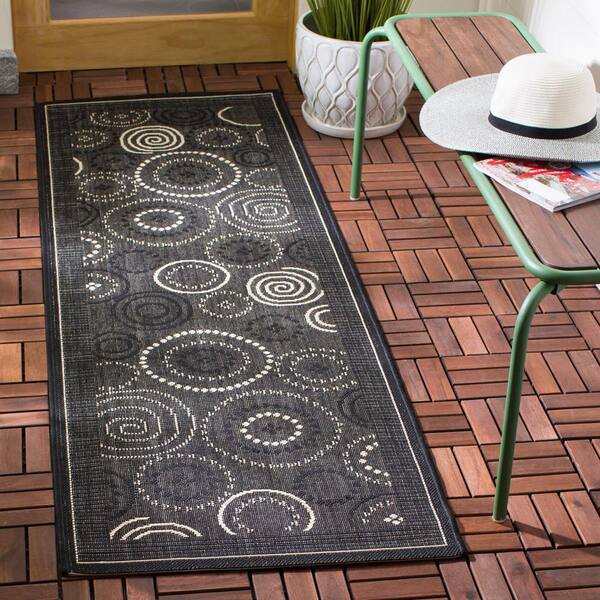 Courtyard Black/Sand 2 ft. x 10 ft. Border Indoor/Outdoor Patio  Runner Rug