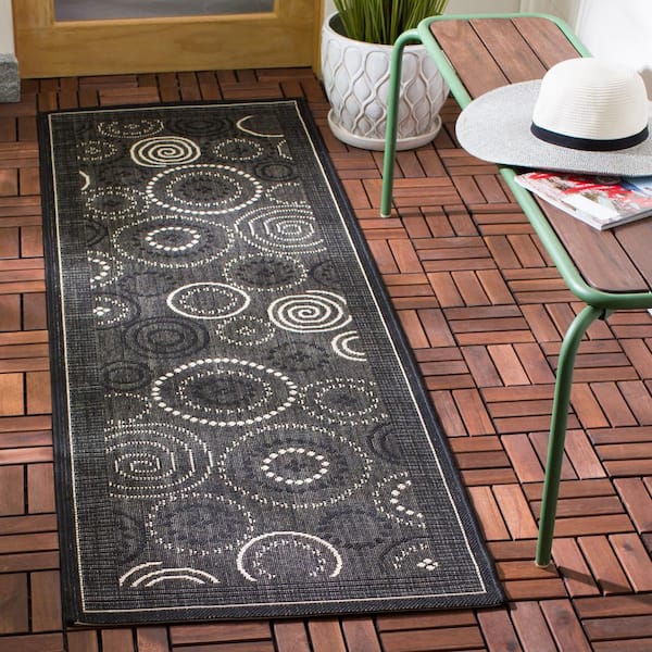 Courtyard Black/Sand 2 ft. x 14 ft. Border Indoor/Outdoor Patio  Runner Rug