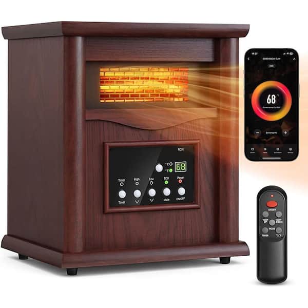 1500W Electric Infrared Space Heaters with Wood Cabinet with Remote and WiFi Control, 3 Heating Mode, for Living Space