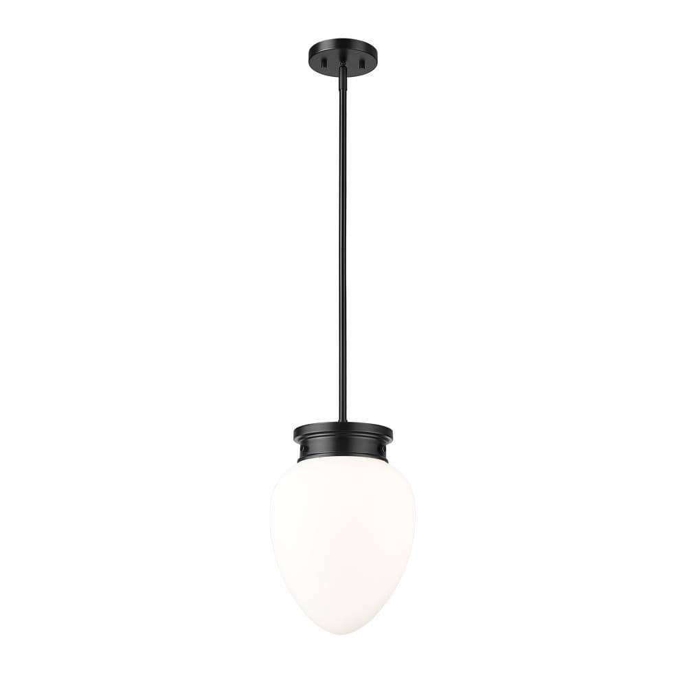 Gideon 10 in. 1-Light Matte Black Shaded Pendant Light with Etched Opal Gla
