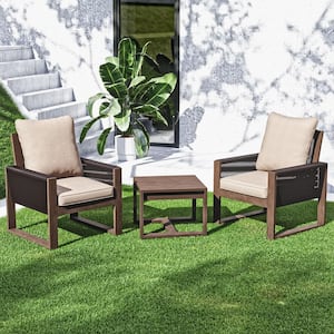 3-Piece Light Walnut Wood Wicker Patio Conversation Set Outdoor Lounge Chair with Thicken Biege Cushions and Side Table